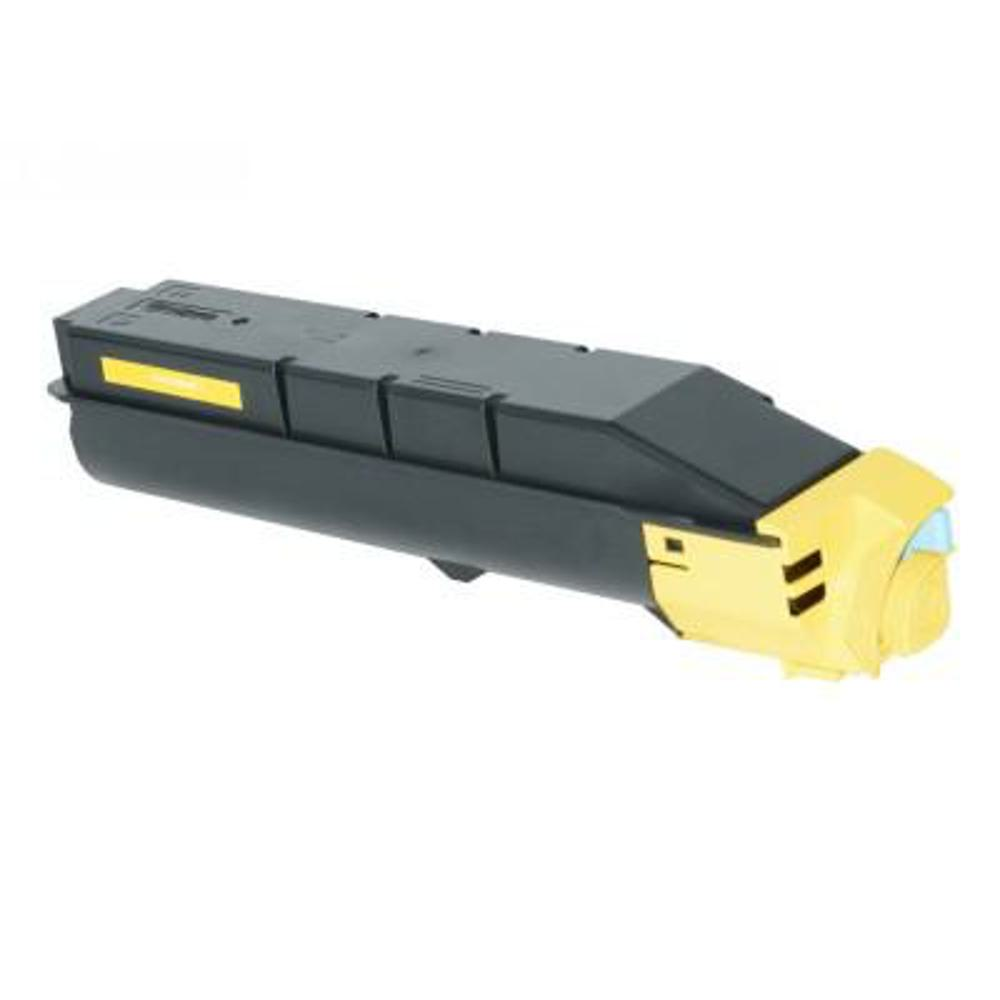 Una cartuccia toner gialla e nera. La cartuccia ha un fronte giallo e un corpo nero con un'etichetta gialla.