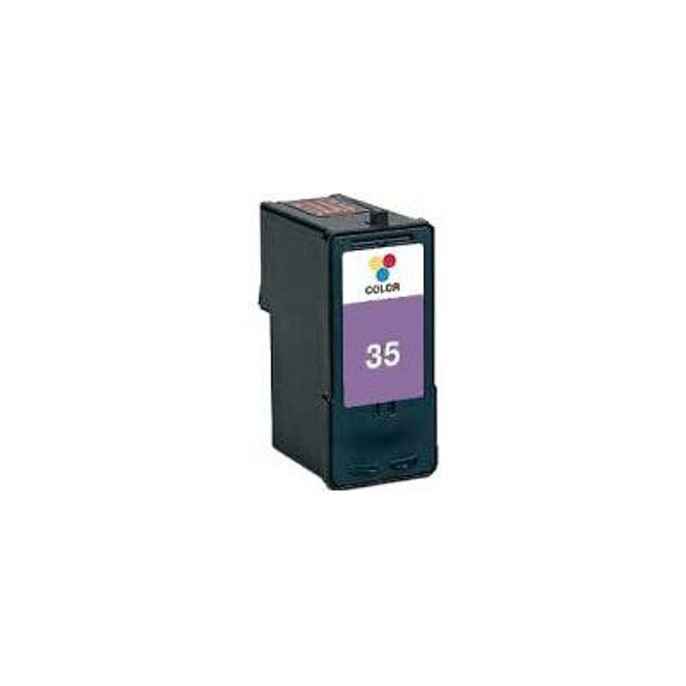 Una cartuccia d'inchiostro con un'etichetta viola che mostra il numero 35. Ha un'etichetta con la scritta 'COLOR' con tre punti colorati.