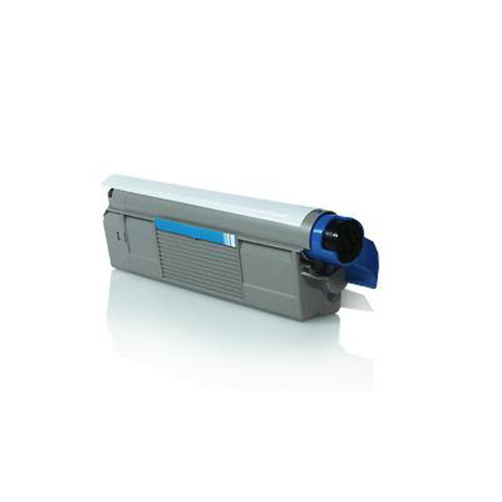 Una cartuccia toner per stampante grigia e blu, con parte superiore bianca e dettagli blu, su una superficie riflettente.