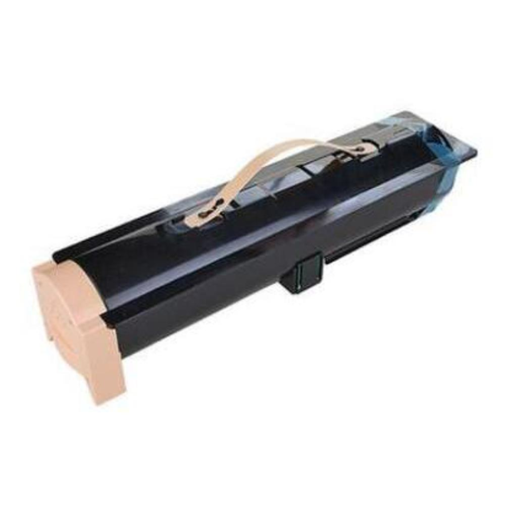 Una cartuccia di toner per stampante nera con manico e cappuccio beige su sfondo bianco.