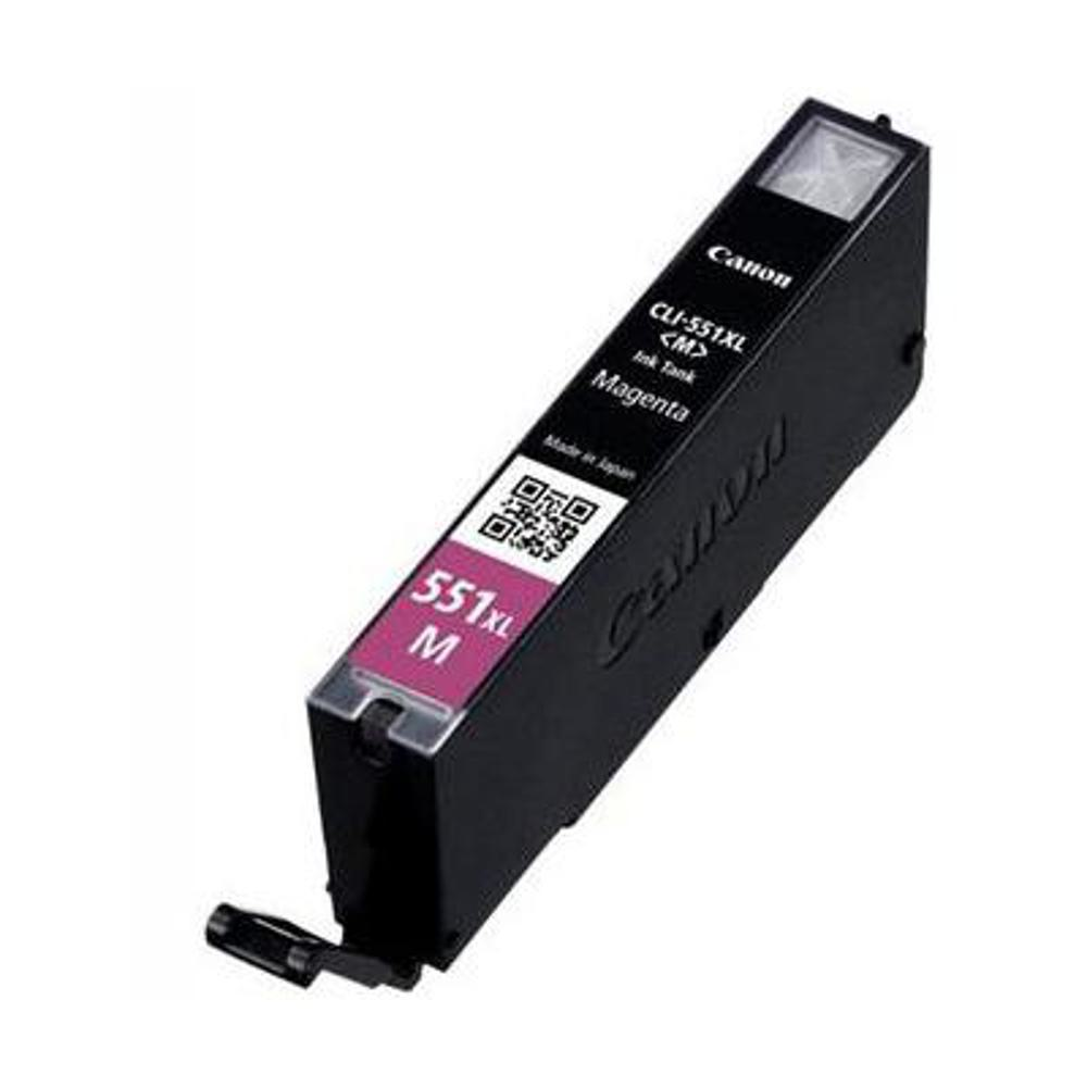 Una cartuccia d'inchiostro magenta Canon CLI-551XL. È nera con etichette magenta e bianche. Il testo include 'Canon', '551XL' e 'Magenta'.