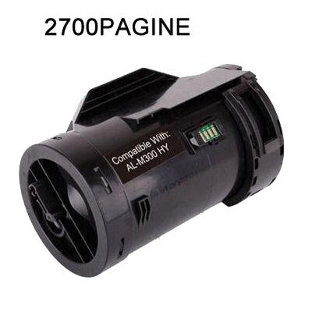 Una cartuccia di toner nera con la scritta '2700PAGINE' in alto. 'Compatible With: AL-M300 HY' su un adesivo.