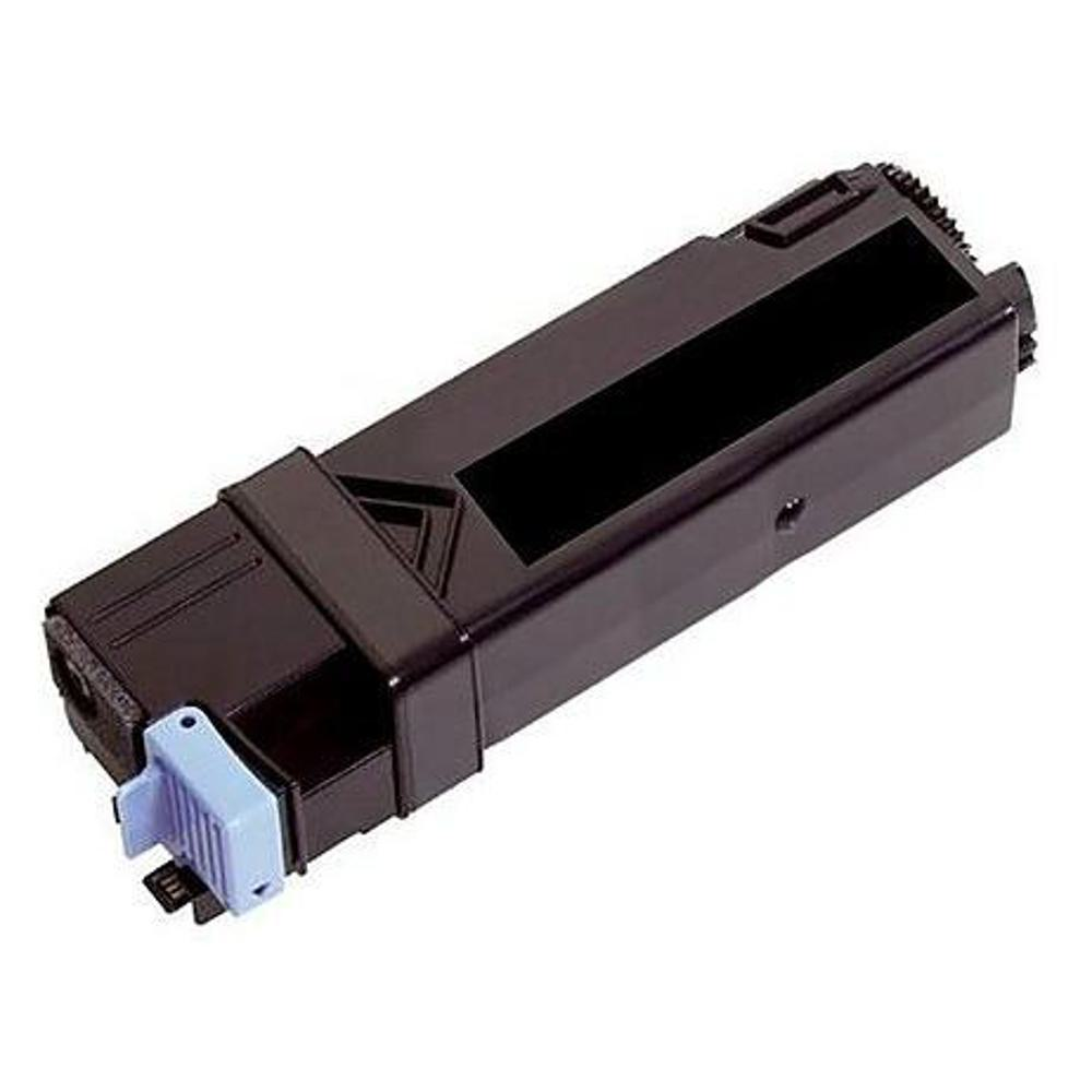 Una cartuccia di toner nera su sfondo bianco. Ha un componente blu e un'area rettangolare nera.