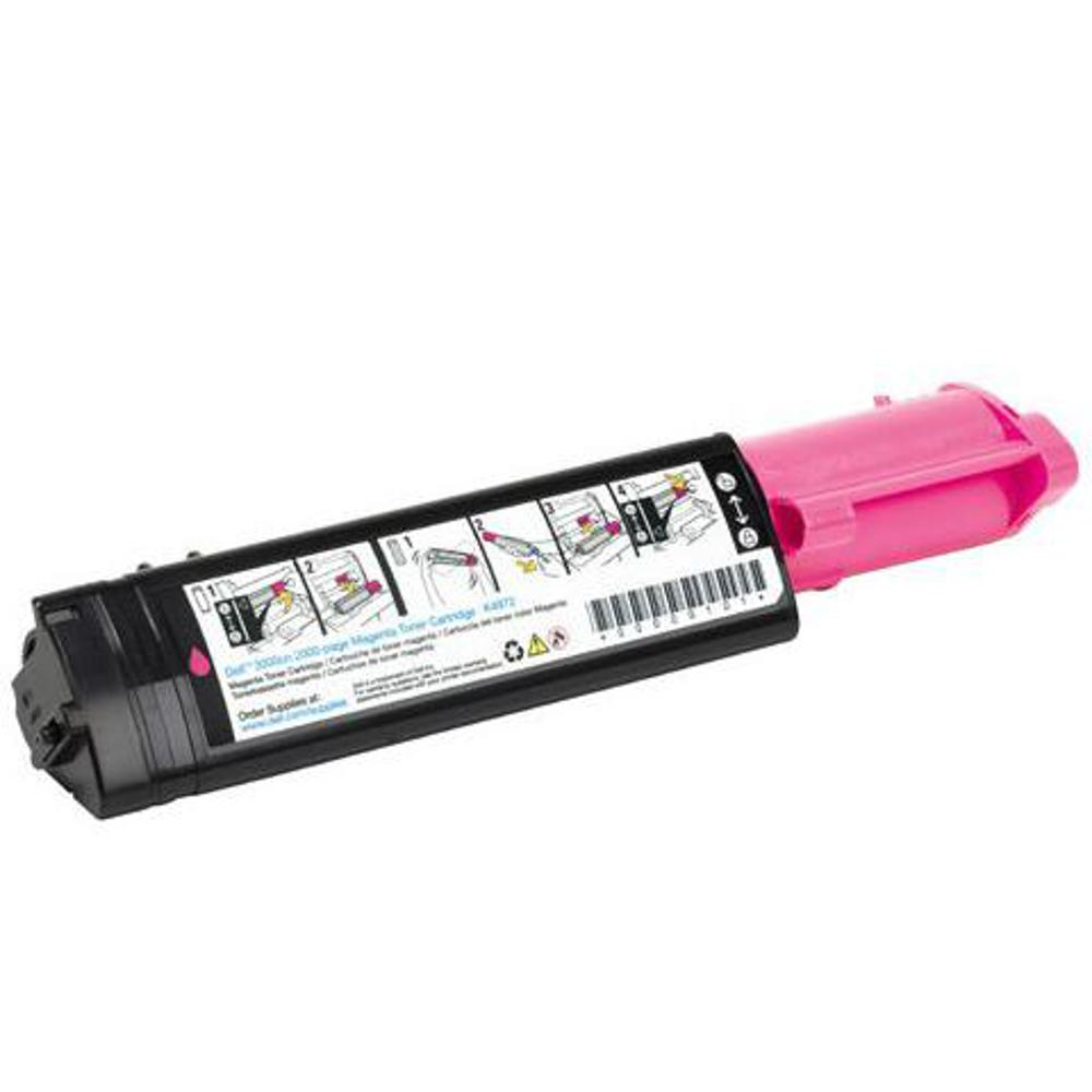 Una cartuccia toner magenta. Ha un corpo nero e un'impugnatura rosa. Istruzioni ed etichette sono stampate sulla cartuccia.