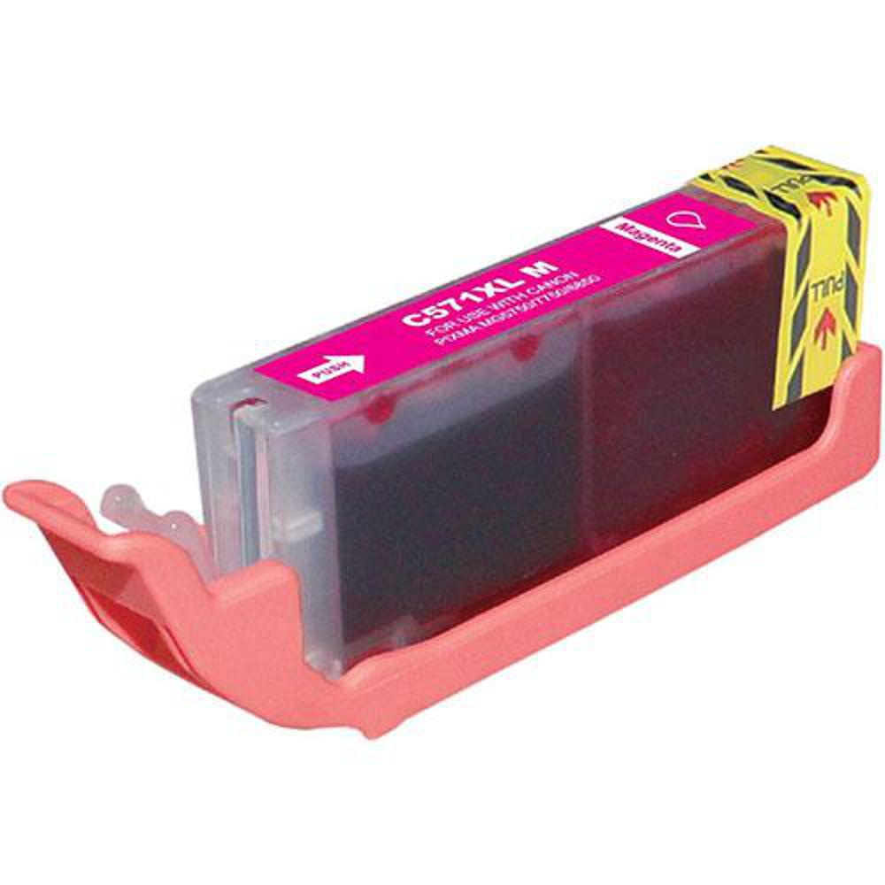 Una cartuccia di inchiostro magenta con l'etichetta C571XL M, in un supporto di plastica rosa. La cartuccia ha una linguetta 'tirare' ed un'etichetta 'spingere'.