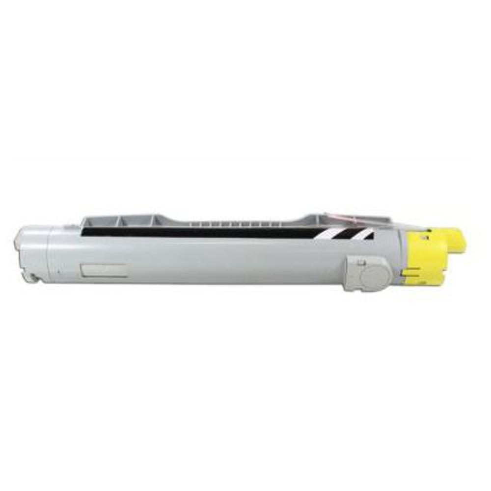 Una cartuccia di toner per stampante grigia e gialla giace orizzontalmente. Ha una striscia nera e alcuni segni bianchi e neri.