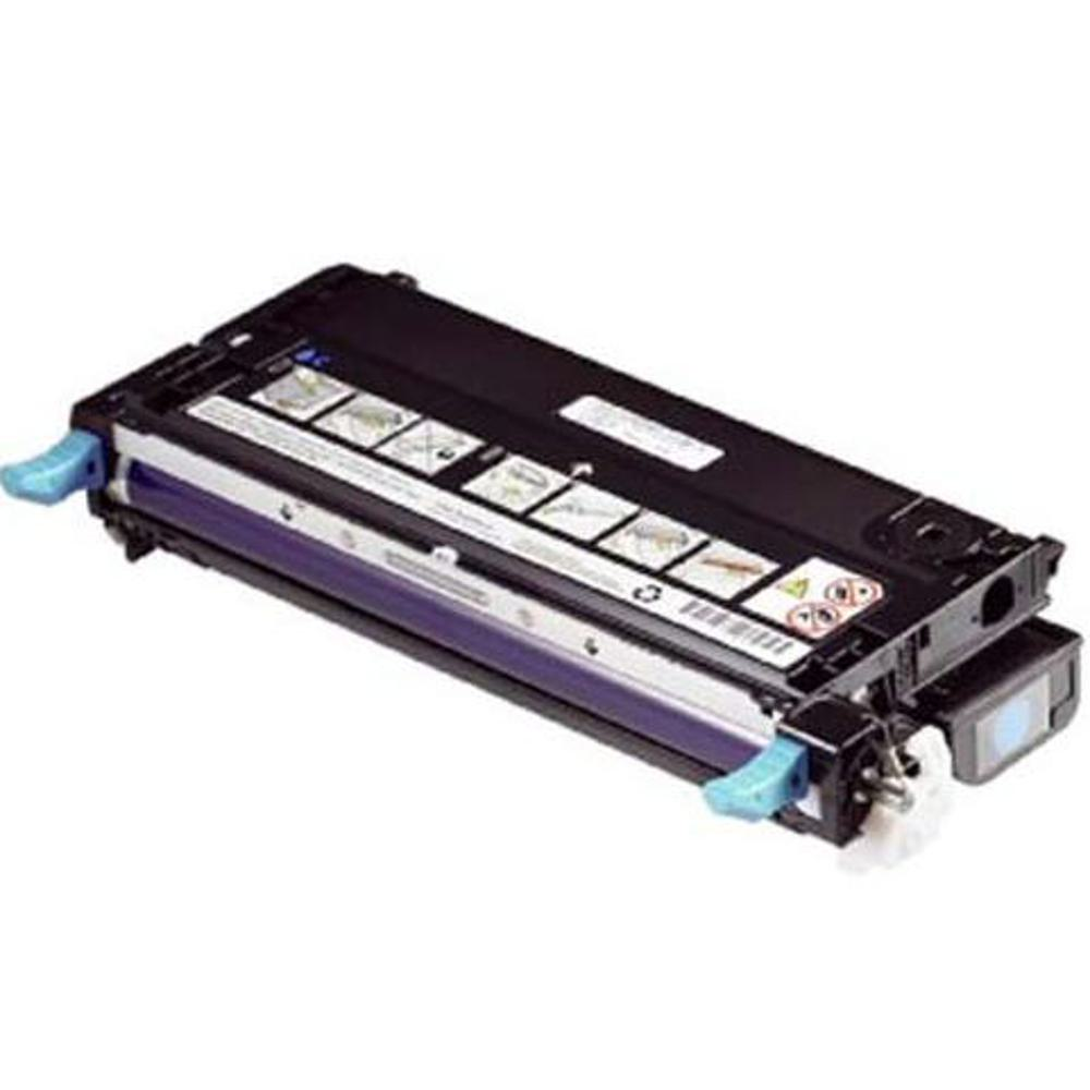Una cartuccia toner nera e blu con maniglie blu, ingranaggi bianchi e varie etichette. È posta su uno sfondo bianco.