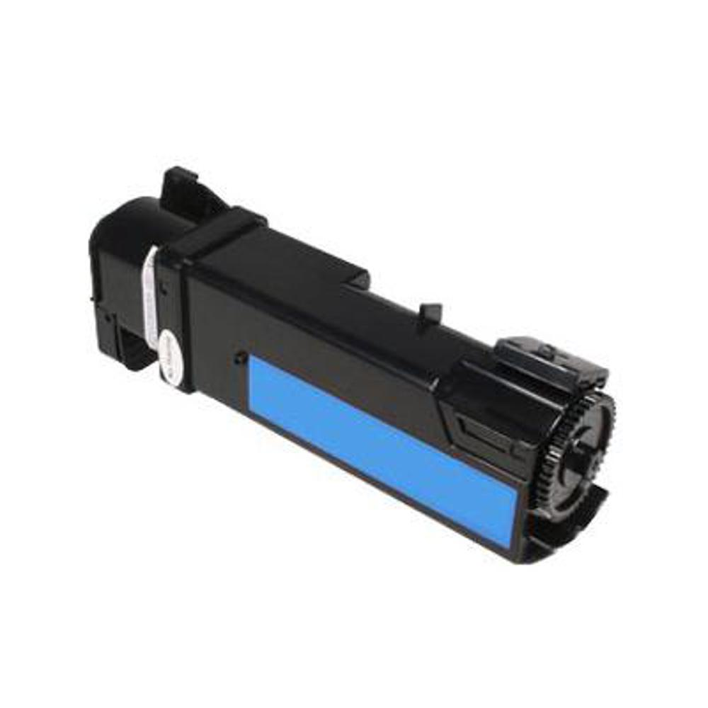 Una cartuccia toner nera e blu. La cartuccia è rettangolare con una striscia blu. È su sfondo bianco.