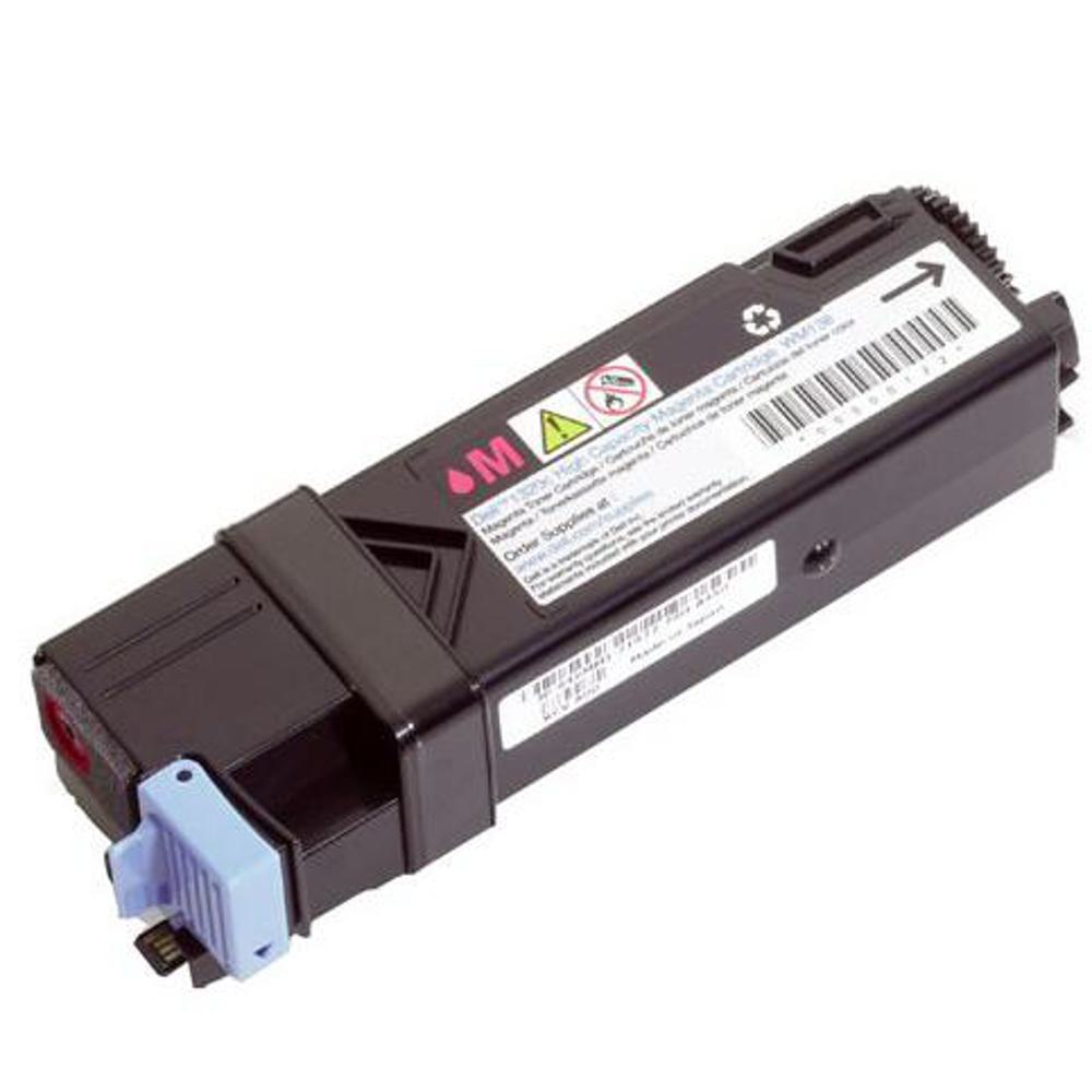 Una cartuccia per stampante Dell nera con inchiostro magenta, un pezzo di plastica azzurra ed etichette bianche.