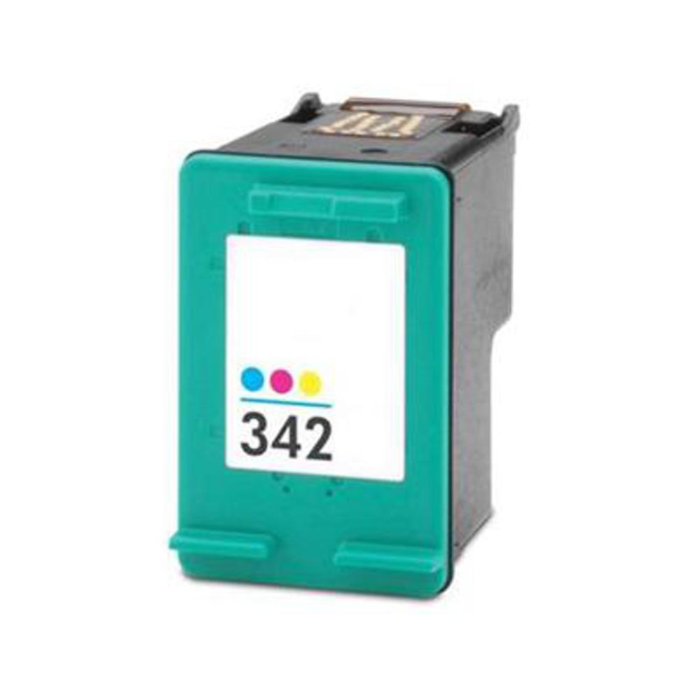Una cartuccia d'inchiostro verde e nera. Ha un'etichetta bianca con punti colorati e il numero 342. Lo sfondo è bianco.