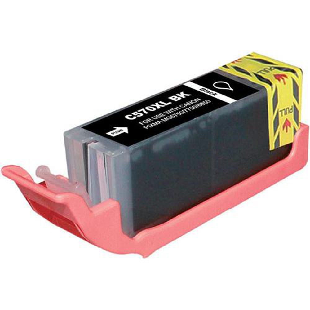 Una cartuccia d'inchiostro nera Canon C570XL BK in un supporto rosa. La cartuccia ha un'etichetta gialla che indica di tirare.