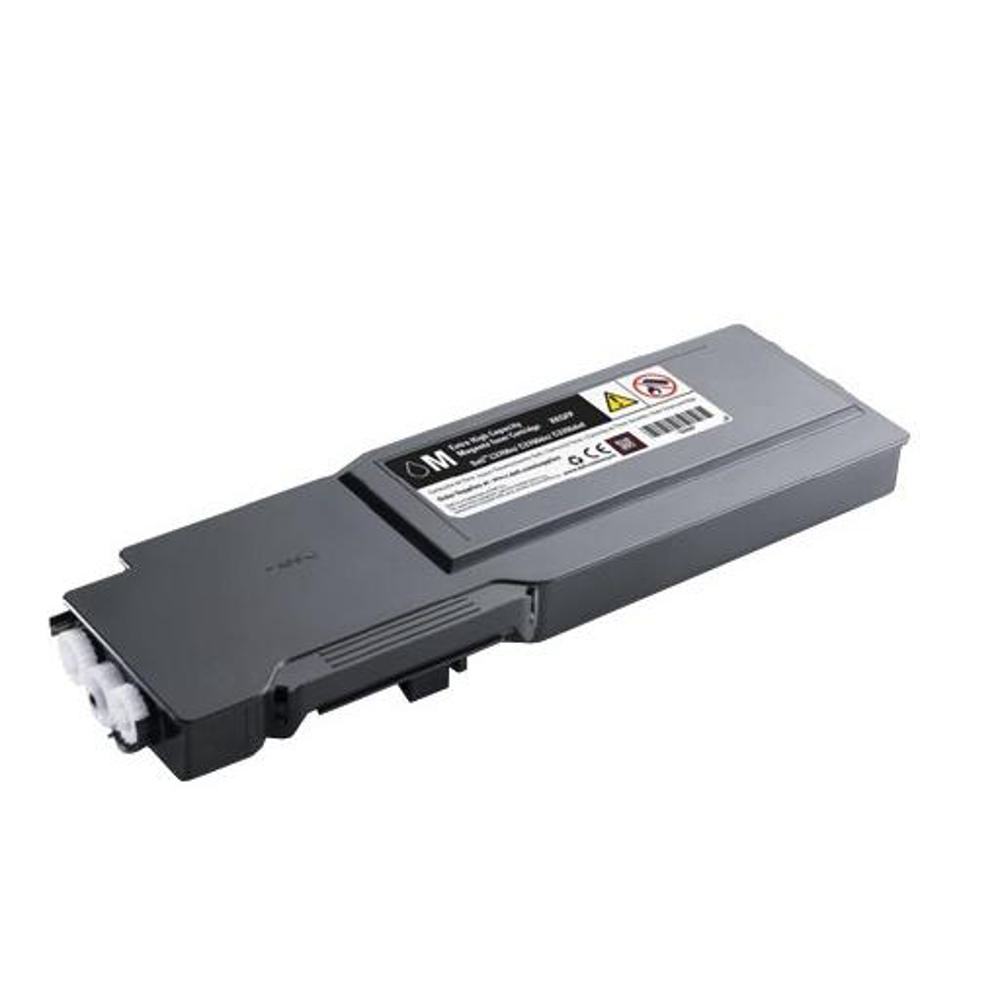 Una cartuccia toner grigia, con un'etichetta e simboli di avvertimento sulla parte superiore e connettori bianchi a sinistra.