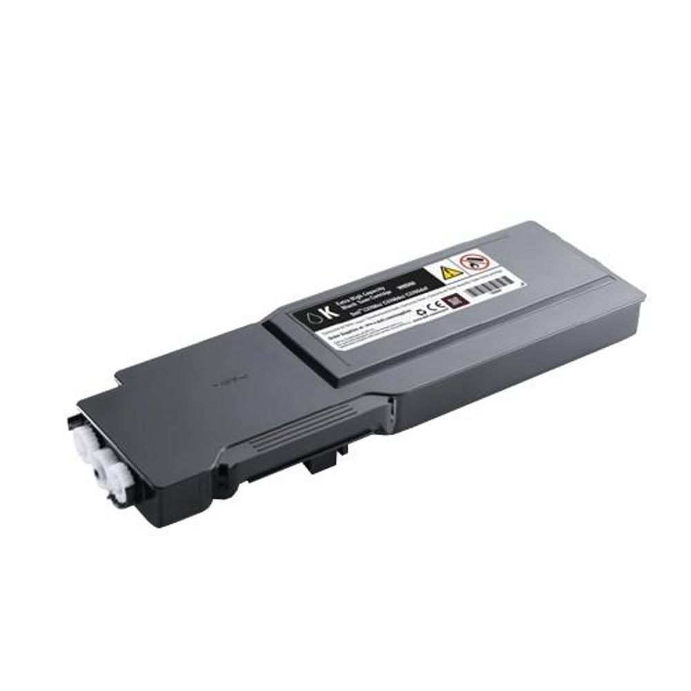 Una cartuccia di toner grigia, leggermente angolata, con etichette e simboli di avvertimento. Sfondo bianco.