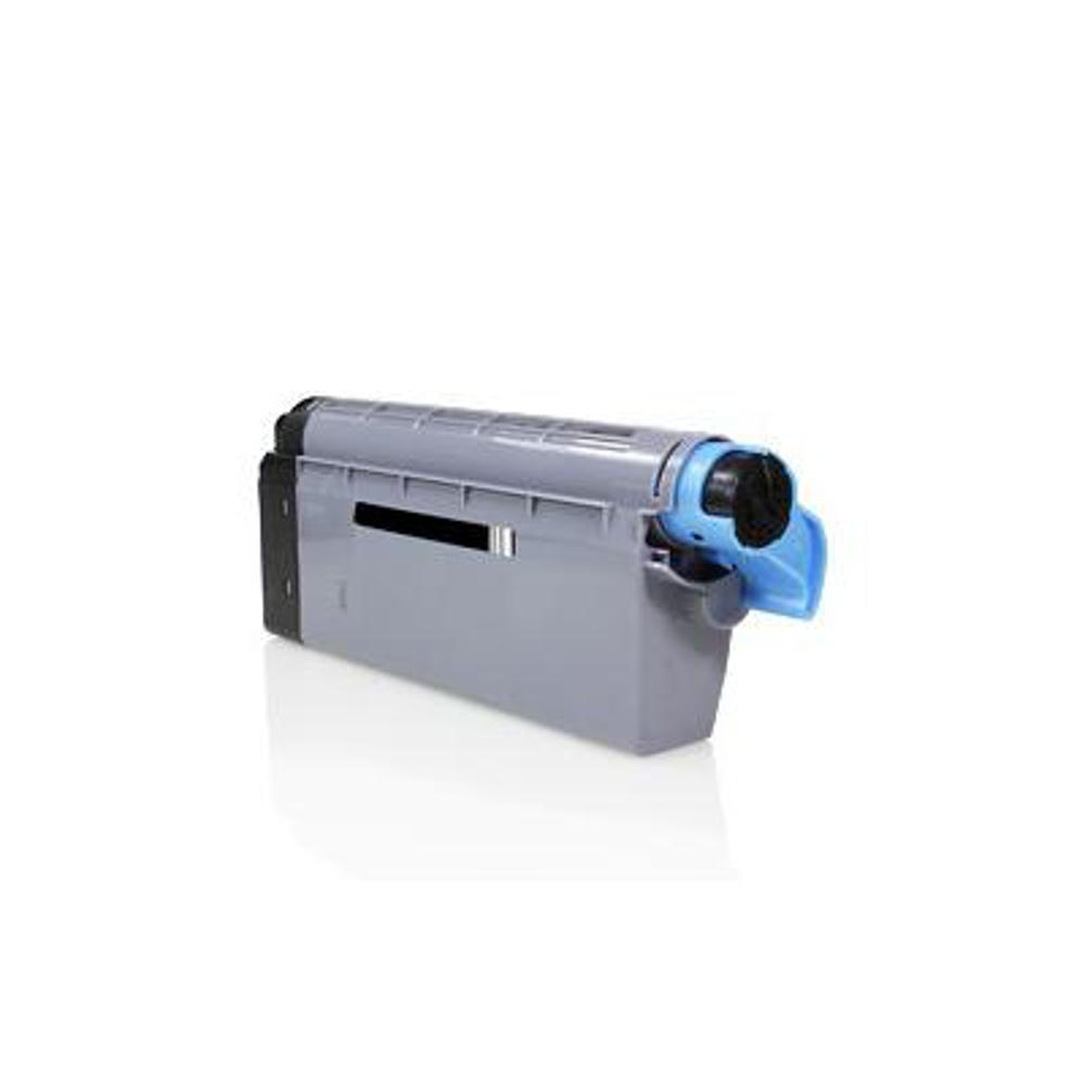 Una cartuccia toner grigia con apertura nera e maniglia blu su sfondo bianco.
