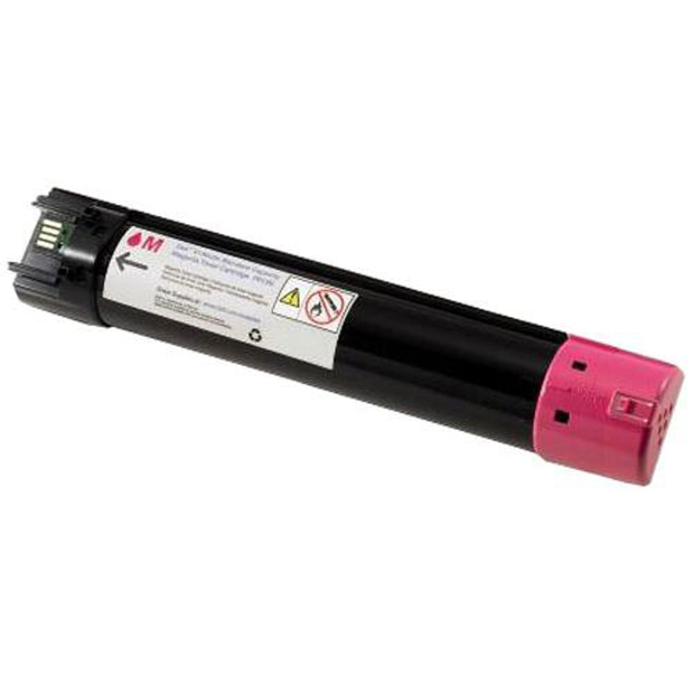 Una cartuccia toner magenta. Ha un corpo nero con un tappo rosa. Ci sono etichette di avvertimento e testo sul corpo.
