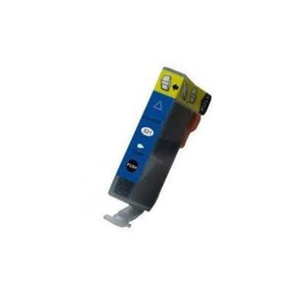 Una cartuccia d'inchiostro con colori blu, giallo e nero. Ha il numero 521 e la parola PUSH. Lo sfondo è bianco.