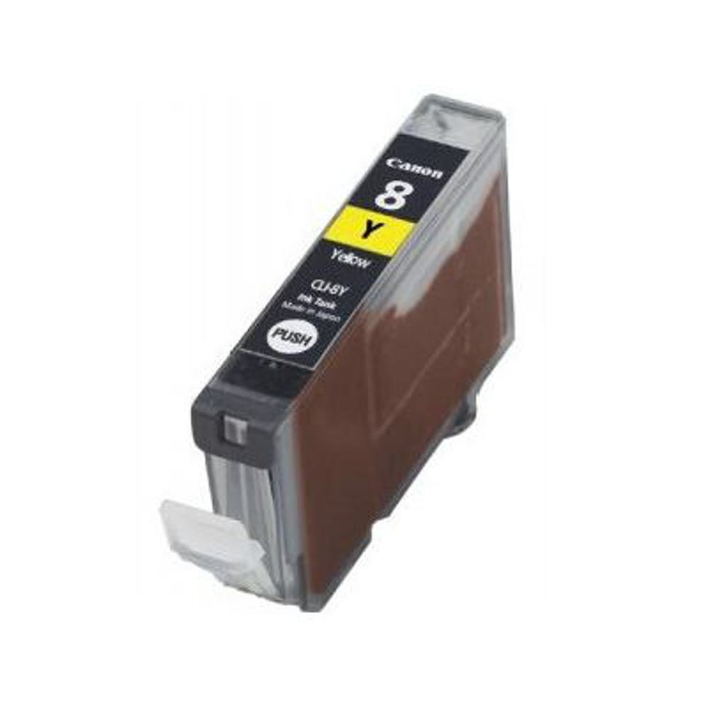 Cartuccia d'inchiostro gialla Canon 8, marrone parzialmente trasparente. Mostra la linguetta 'PUSH'. Include il testo 'CL-8Y Ink Tank Made in Japan'.