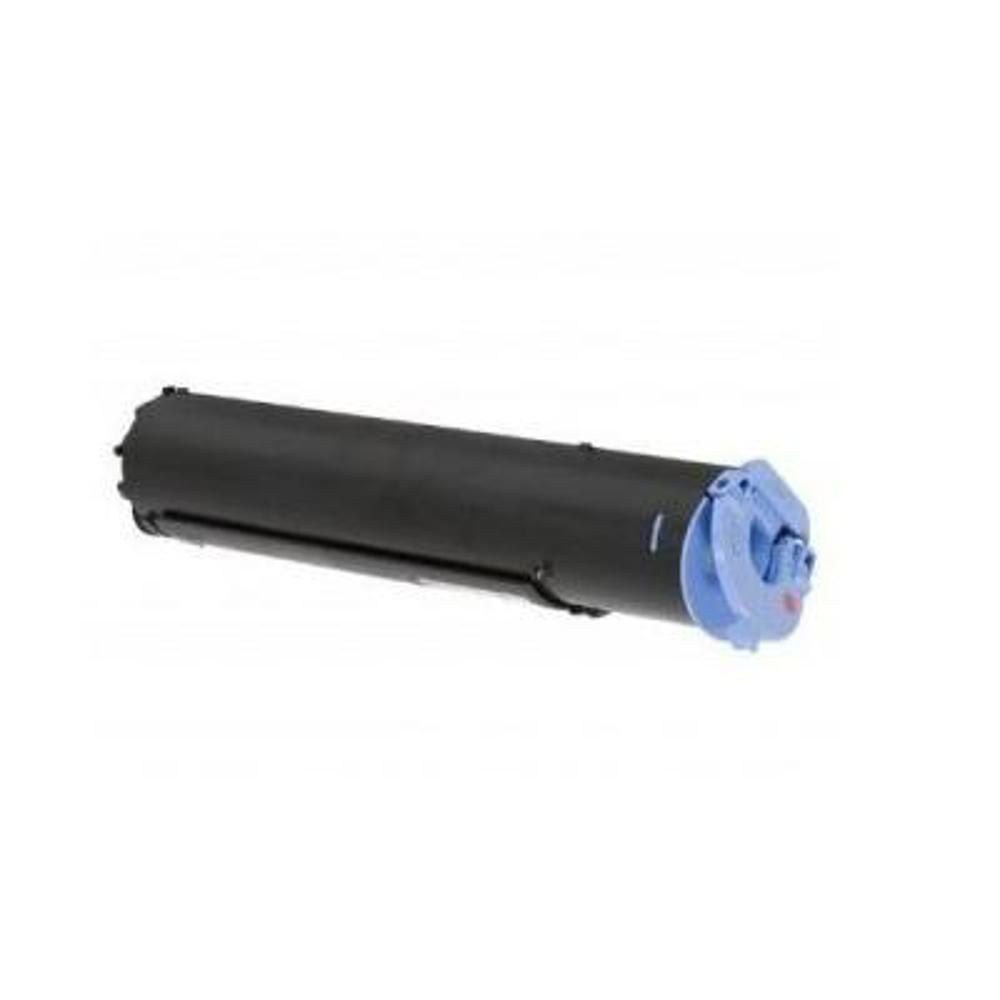 Un oggetto cilindrico nero, possibilmente una cartuccia di toner per stampanti, con un componente blu e rosa su un'estremità. Sfondo bianco.