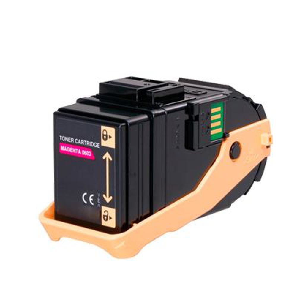 Una cartuccia toner magenta con corpo nero e supporto arancione su sfondo bianco. C'è scritto 'Toner Cartridge'.