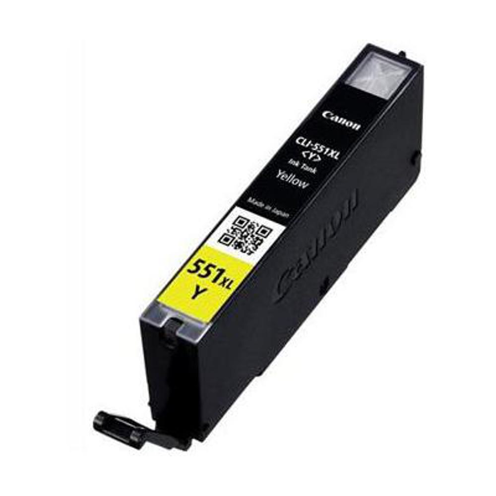 Una cartuccia di inchiostro gialla Canon, modello CLI-551XL Y. È nera con un'etichetta gialla che mostra testo e un codice QR.