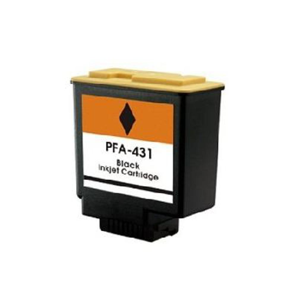Una cartuccia a getto d'inchiostro nera con coperchio giallo. Ha un'etichetta arancione e bianca con la scritta PFA-431 Black Inkjet Cartridge.