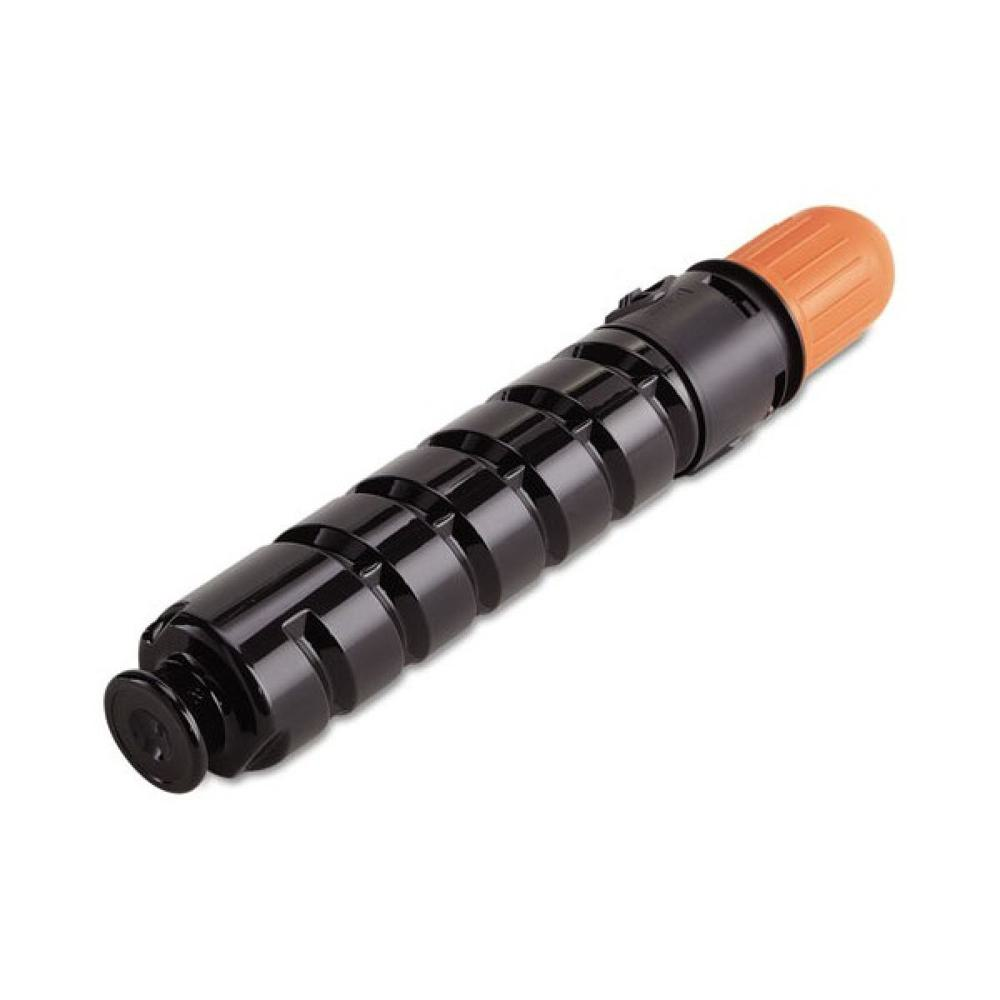 Una cartuccia toner nera e arancione. La cartuccia ha un corpo nero a coste con un tappo arancione arrotondato.