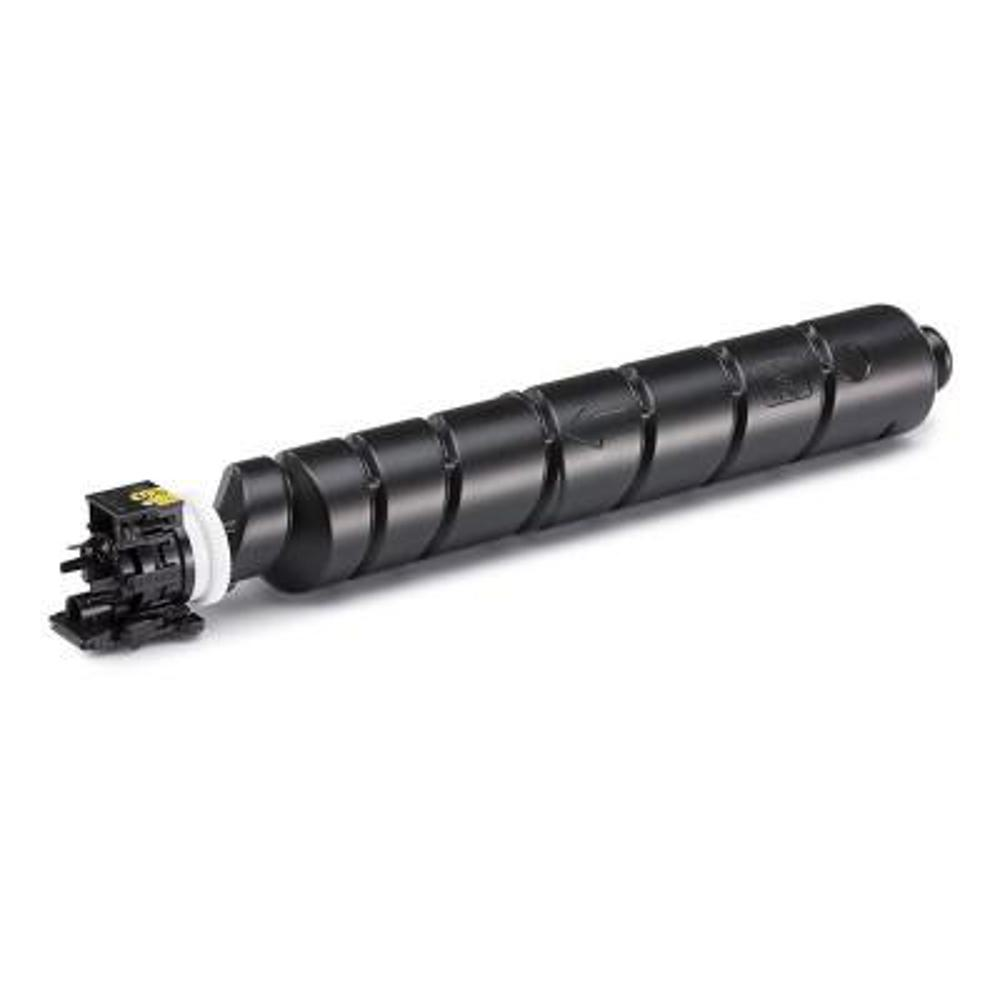 Una cartuccia toner cilindrica nera con un complesso pezzo terminale e un anello di plastica bianco. Lo sfondo è bianco.