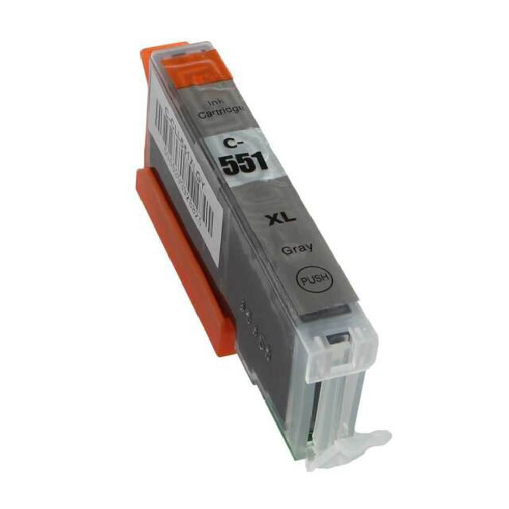Una cartuccia d'inchiostro con componenti in plastica grigia, arancione e trasparente. Ha etichette per 'C-551', 'XL' e 'Gray'.