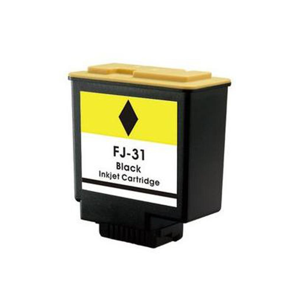 Una cartuccia a getto d'inchiostro FJ-31 nera. Ha un coperchio giallo e un'etichetta gialla e bianca. L'etichetta ha un diamante nero.