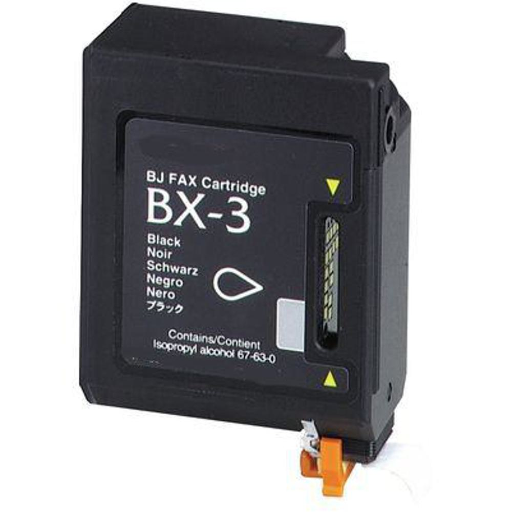 Una cartuccia BJ FAX BX-3 nera. Ha un'etichetta con testo in più lingue e contiene alcool isopropilico.