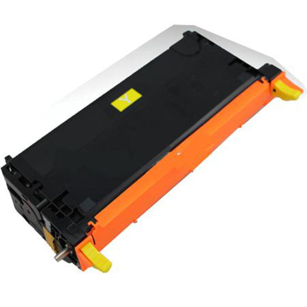 Una cartuccia toner per stampante. È nera e arancione con etichetta e maniglie gialle. Su sfondo bianco.
