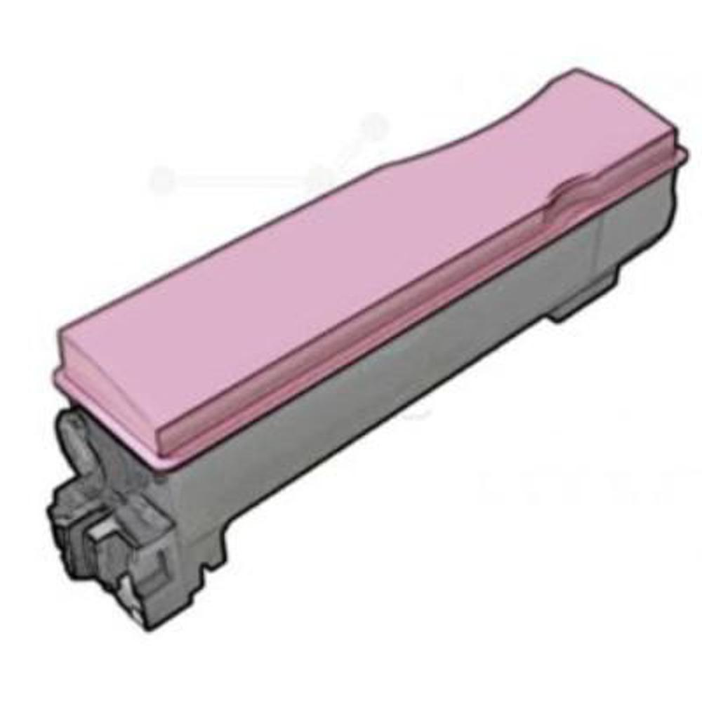 Una cartuccia di toner per stampante rettangolare rosa e grigia. Ha una parte superiore rosa e un corpo grigio con un connettore nero.