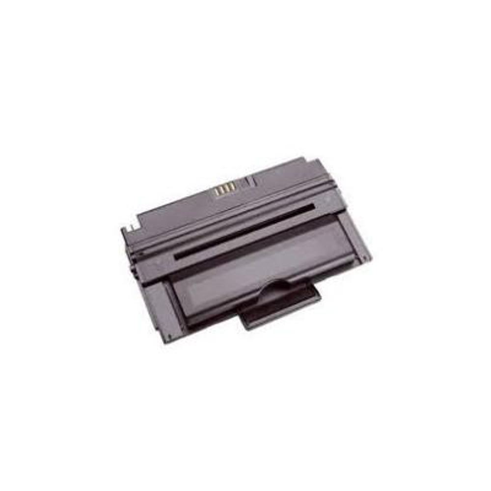Una cartuccia di toner per stampante grigio scuro è isolata su sfondo bianco. Ha una maniglia e diverse fessure e aperture.
