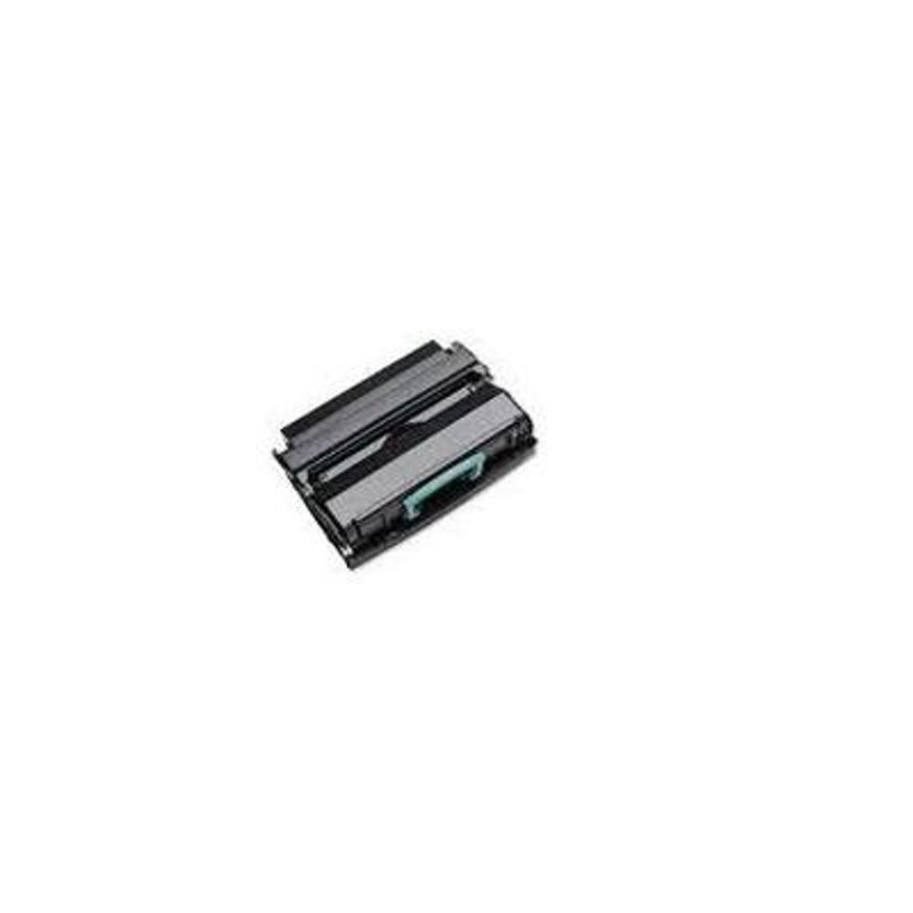 Una cartuccia toner per stampante nera e grigia su sfondo bianco. Ha una maniglia verde.