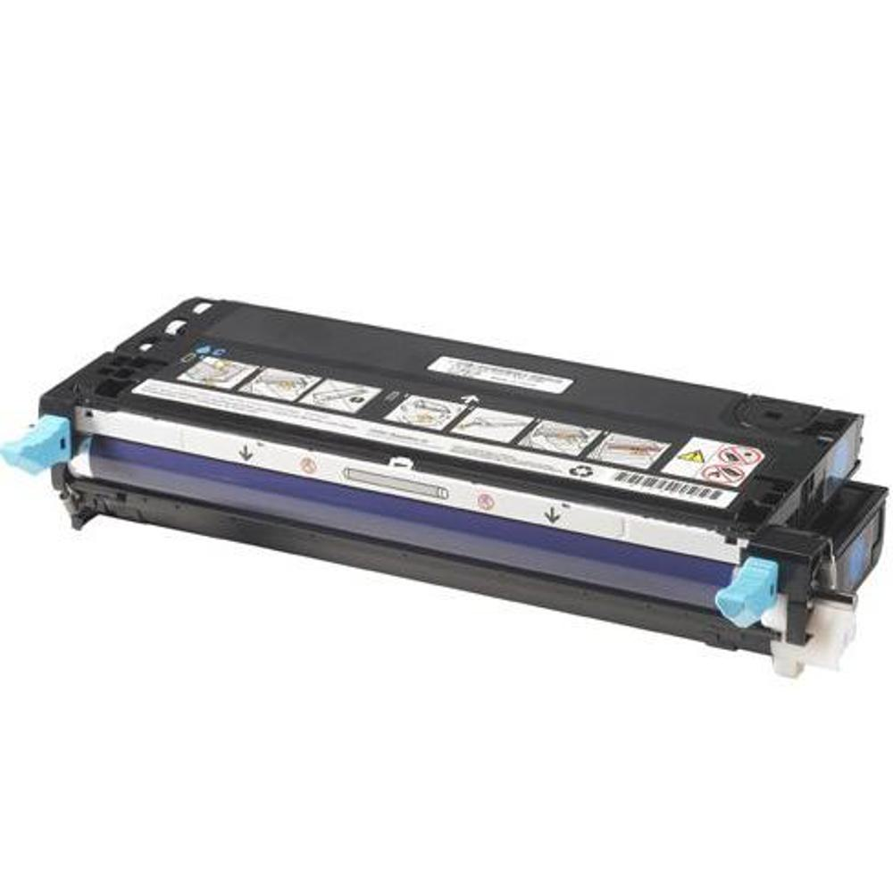 Una cartuccia toner per stampante, nera e blu, con diverse etichette e simboli. Ha delle leve azzurre ad ogni estremità.