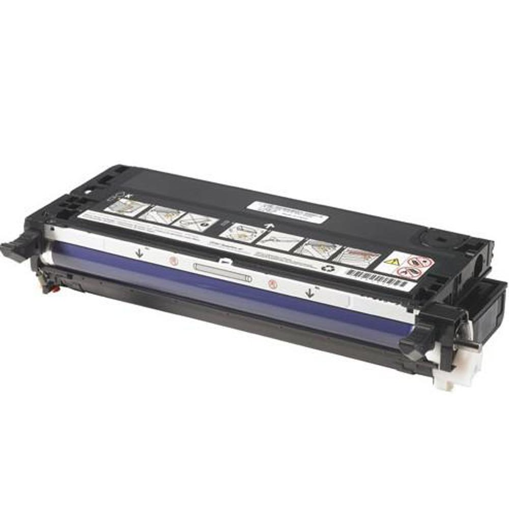 Una cartuccia toner per stampante in bianco e nero su sfondo bianco. La cartuccia presenta etichette, frecce e un segnale di avvertimento.