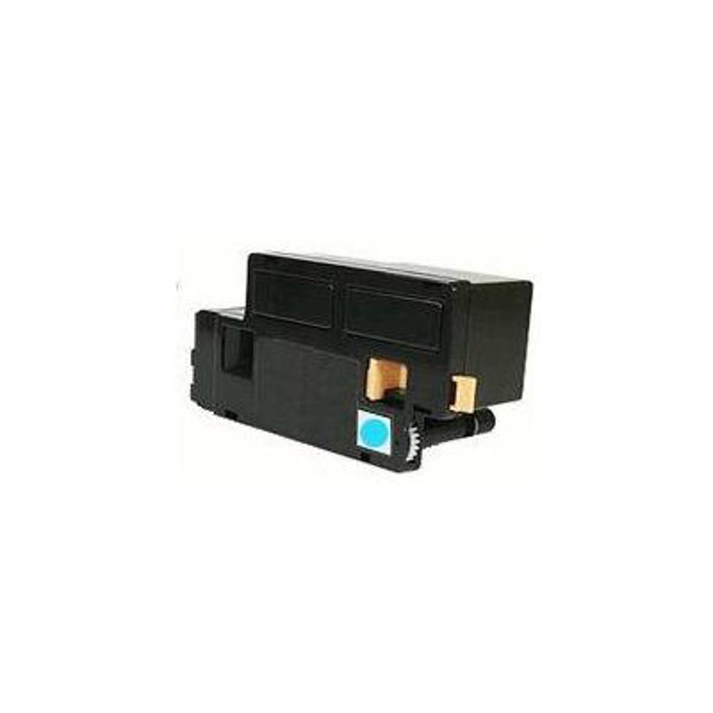 Una cartuccia toner nera con un cerchio blu e un ingranaggio bianco. La cartuccia ha una forma rettangolare e alcuni elementi dorati.