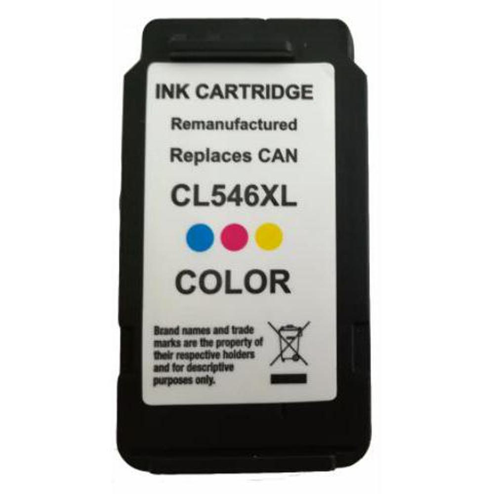 Cartuccia d'inchiostro con testo: Ink Cartridge, CL546XL. Colori: blu, rosa, giallo. Corpo nero e etichetta bianca.
