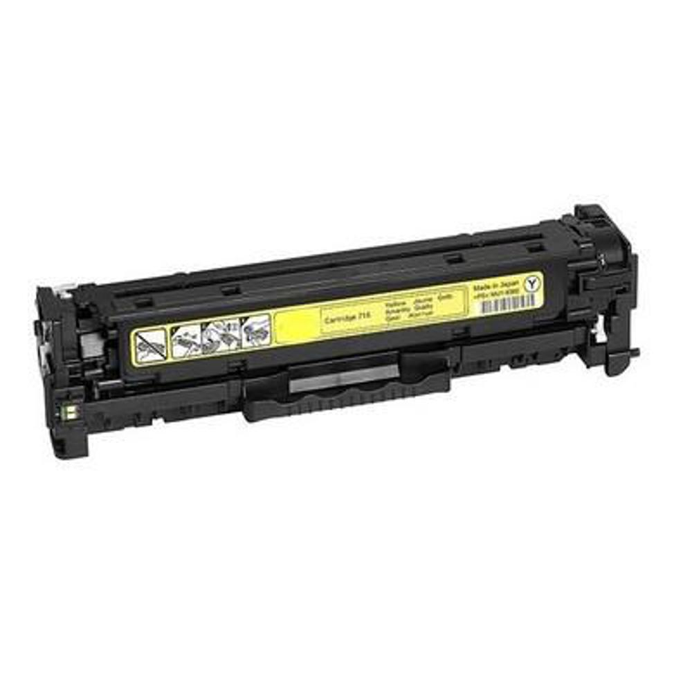Una cartuccia toner gialla e nera. Ha un'etichetta gialla con testo e simboli. La cartuccia è angolata su uno sfondo bianco.