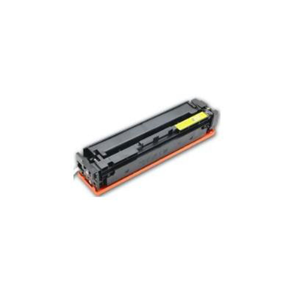 Una cartuccia toner per stampante, nera e arancione. È rettangolare con un'etichetta gialla. Lo sfondo è bianco.