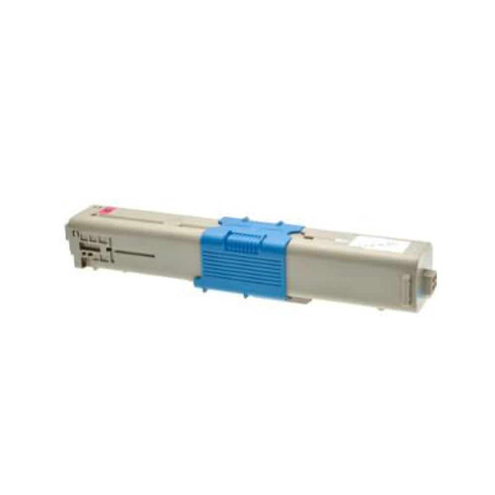 Una cartuccia toner beige e blu. La cartuccia ha un fermaglio di plastica blu al centro. Lo sfondo è bianco.