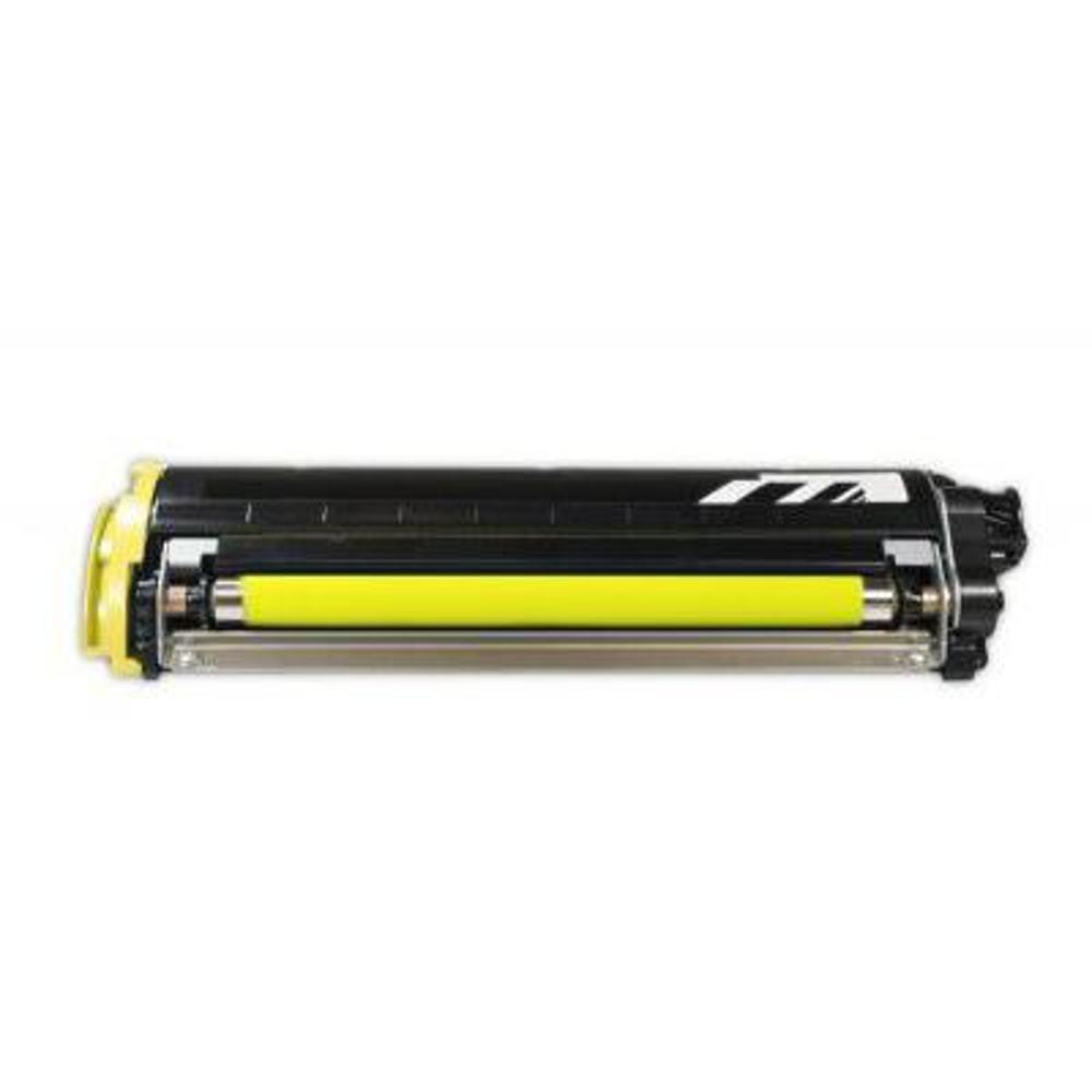 Una cartuccia di toner per stampante nera e gialla su sfondo bianco. Ha un rullo giallo all'interno e un logo bianco sul lato.