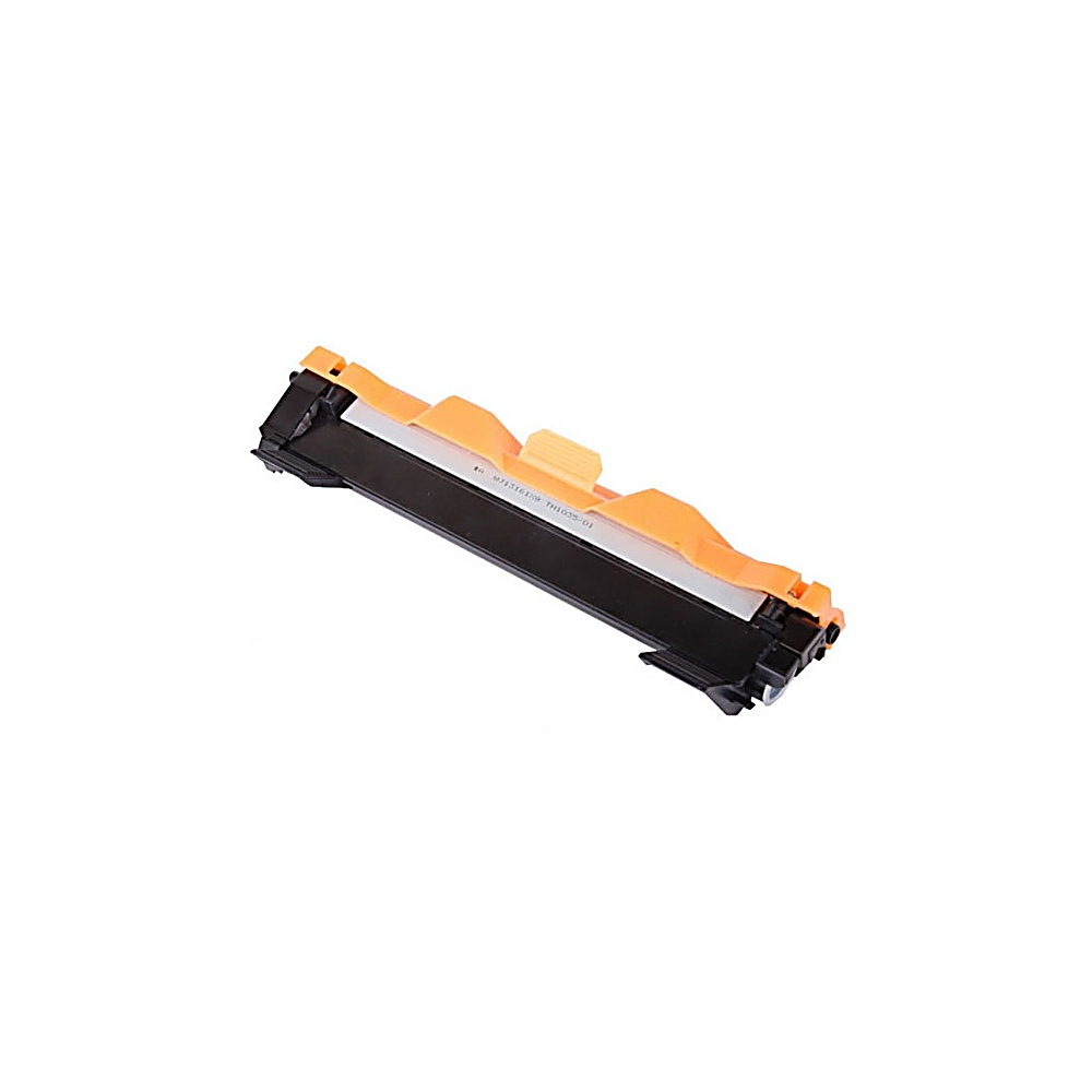 Una cartuccia di toner per stampante è angolata, su sfondo bianco. È nera e arancione, con del testo visibile.