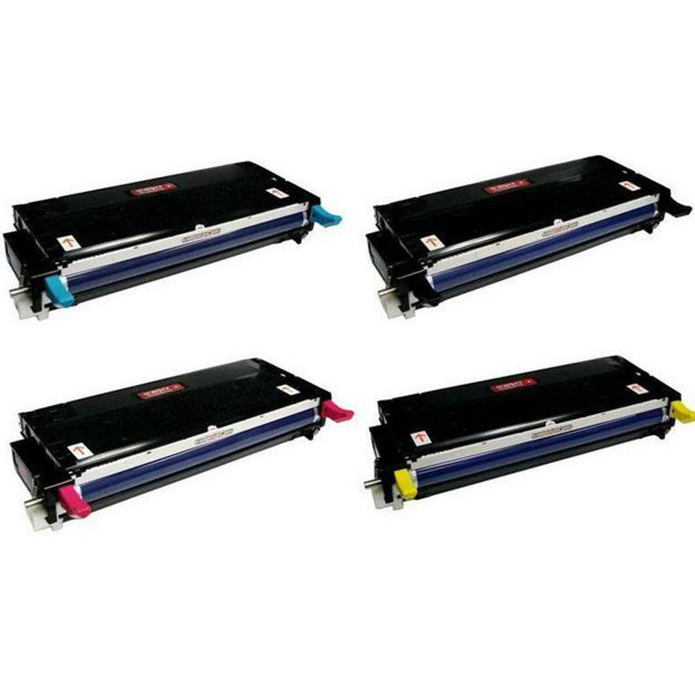 Quattro cartucce di toner nero con maniglie con codice colore: ciano, magenta e giallo. Ognuna ha una striscia blu e bianca.