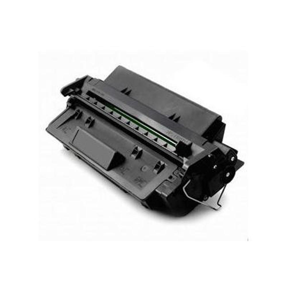 Una cartuccia toner per stampante nera. Ha una striscia verde e varie parti meccaniche. Lo sfondo è bianco.
