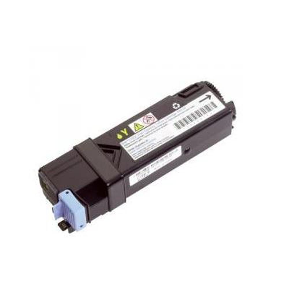 Una cartuccia di toner per stampante nera con un componente blu. Etichette e simboli di avvertimento sono visibili sulla cartuccia.