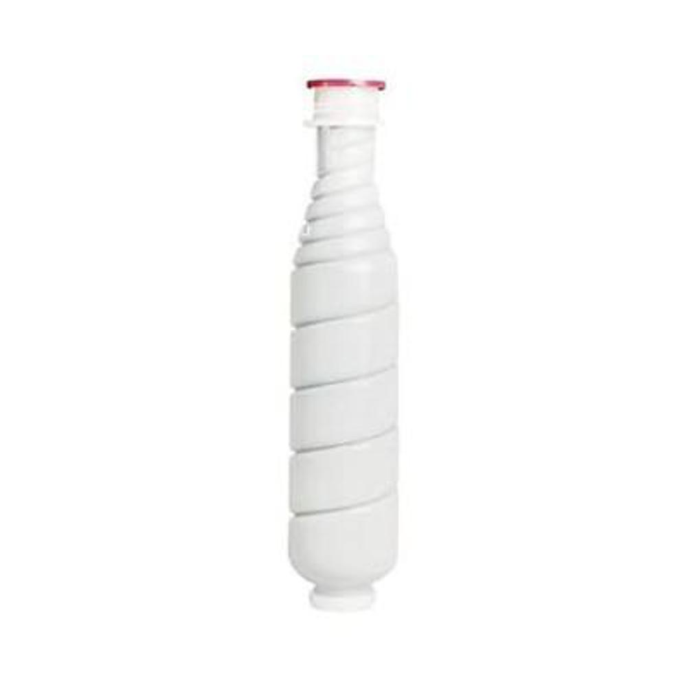 Una cartuccia di toner bianca a spirale con un tappo rosso su sfondo bianco.