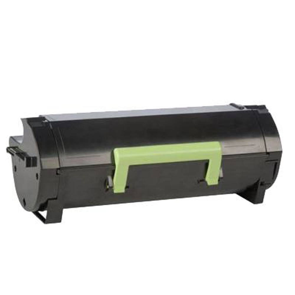 Una cartuccia di toner nera con maniglia verde chiaro su sfondo bianco.