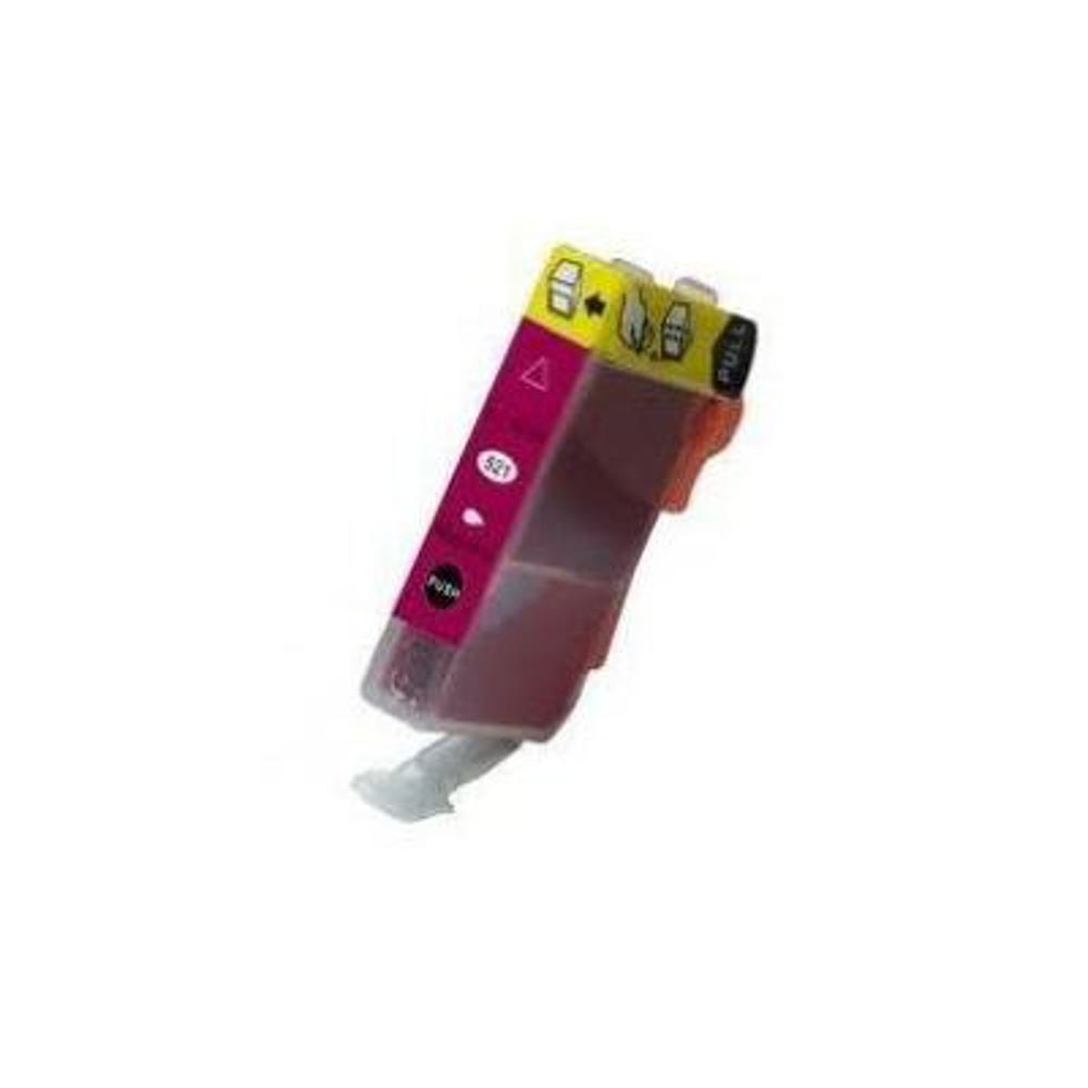 Una cartuccia d'inchiostro magenta. Ha un coperchio giallo con la parola 'tira'. Il lato ha '521' e un'etichetta 'premi'.