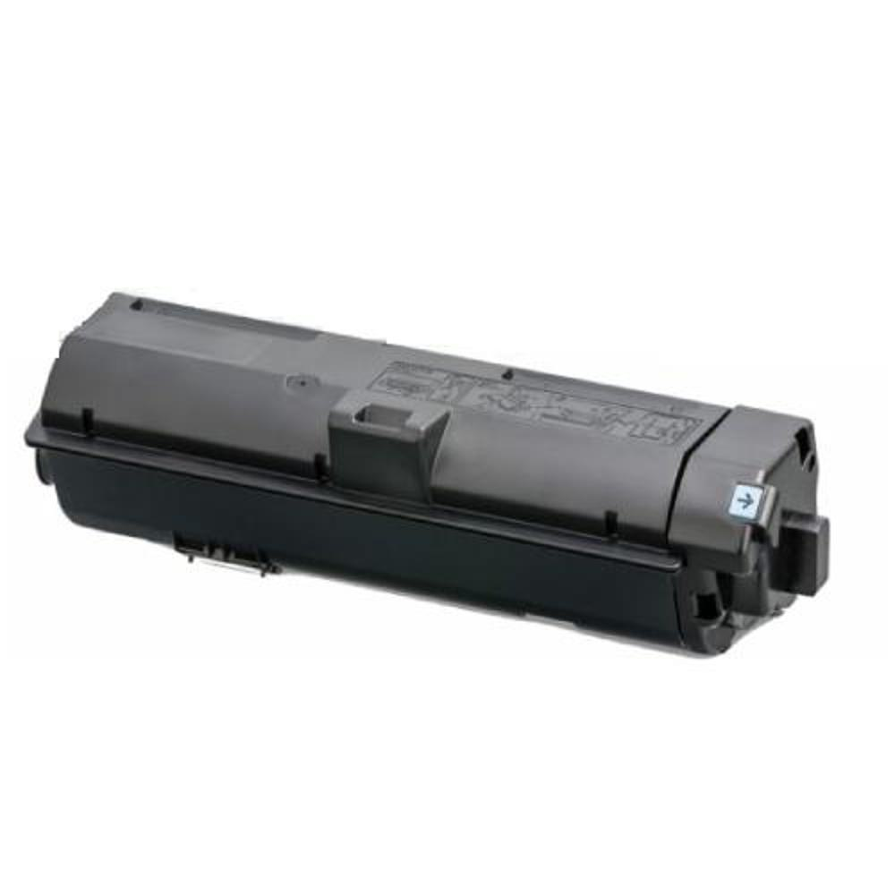 Una cartuccia di toner nera per stampante su sfondo bianco. È rettangolare con una maniglia e un simbolo a freccia.